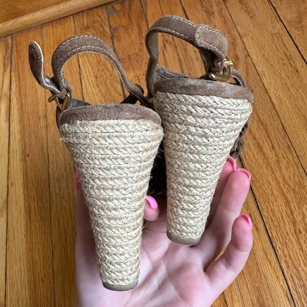 Prada wedges braised‎ rope 100% leather suede beige tan woven Sandal size 9.5